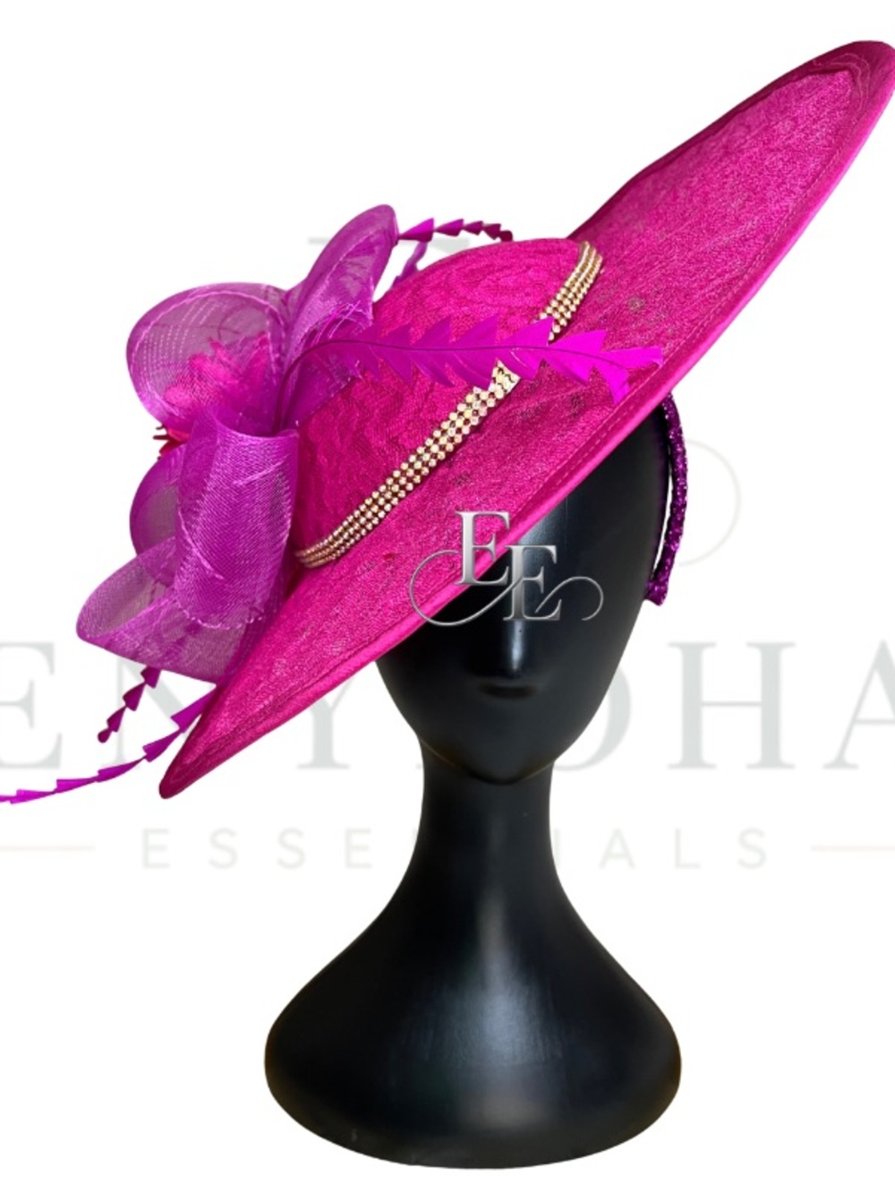Elegant Fuchsia Wide-Brim Fascinator Hat with Decorative Trim